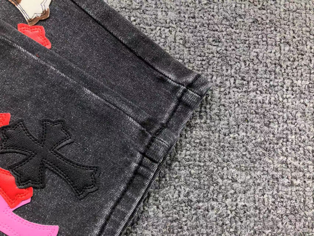 Multicolor Cross & Smiley Patch Grey Denim Jeans™