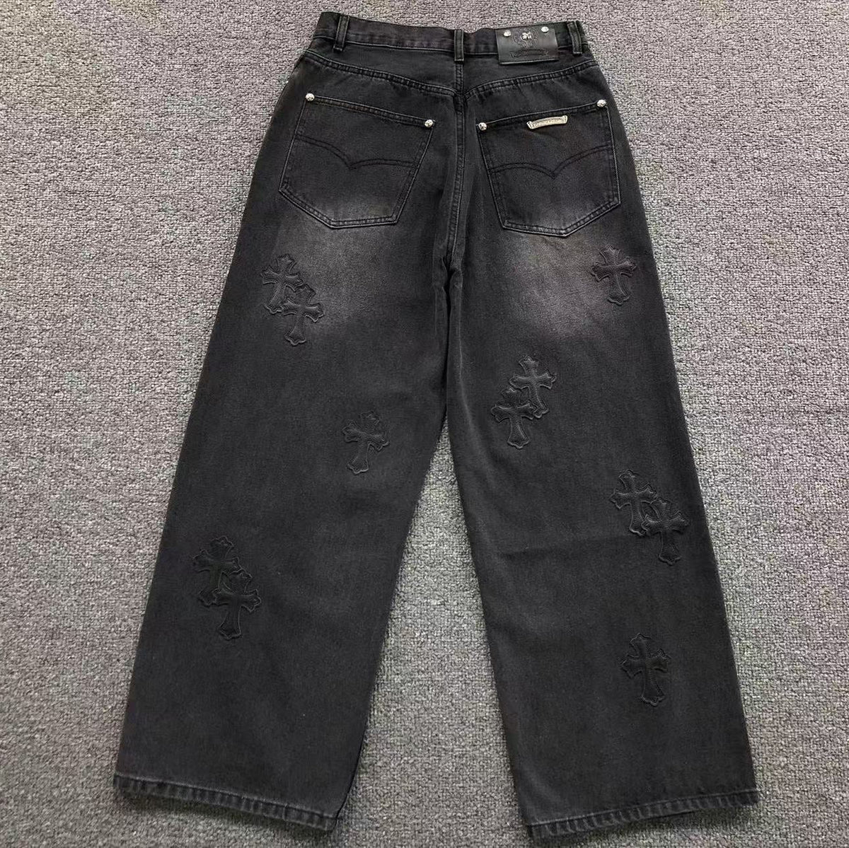 Black Leather Cross Patch Black Baggy Jeans™