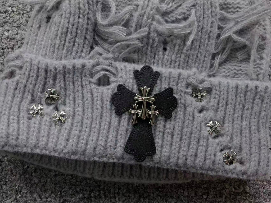 Leather & Metallic Cross Torn Knit Beanie™