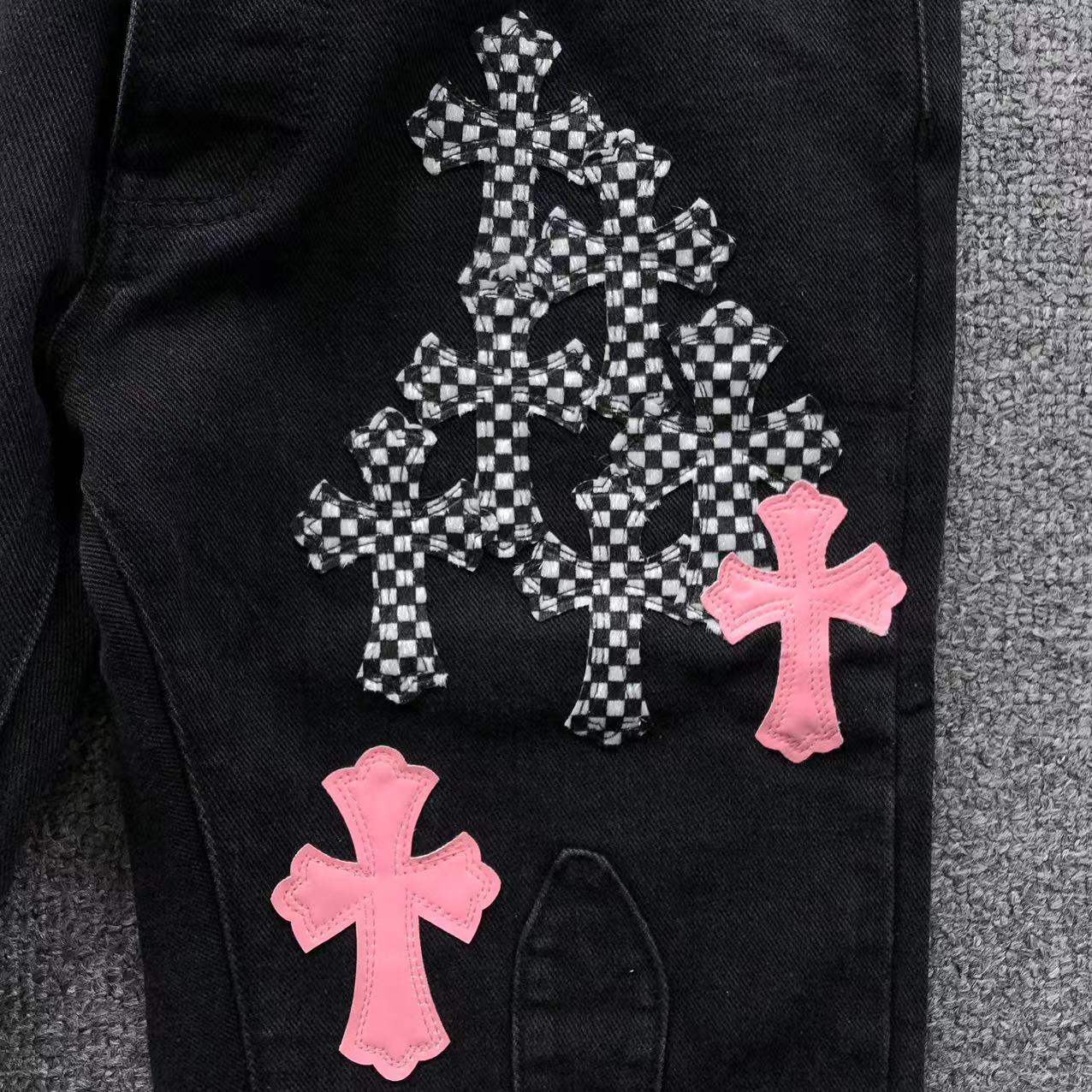 Pink & Checkered Cross Patch Black Denim Jeans™