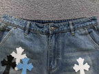 White Blue & Black Cross Patch Faded Denim Carpenter Jeans™