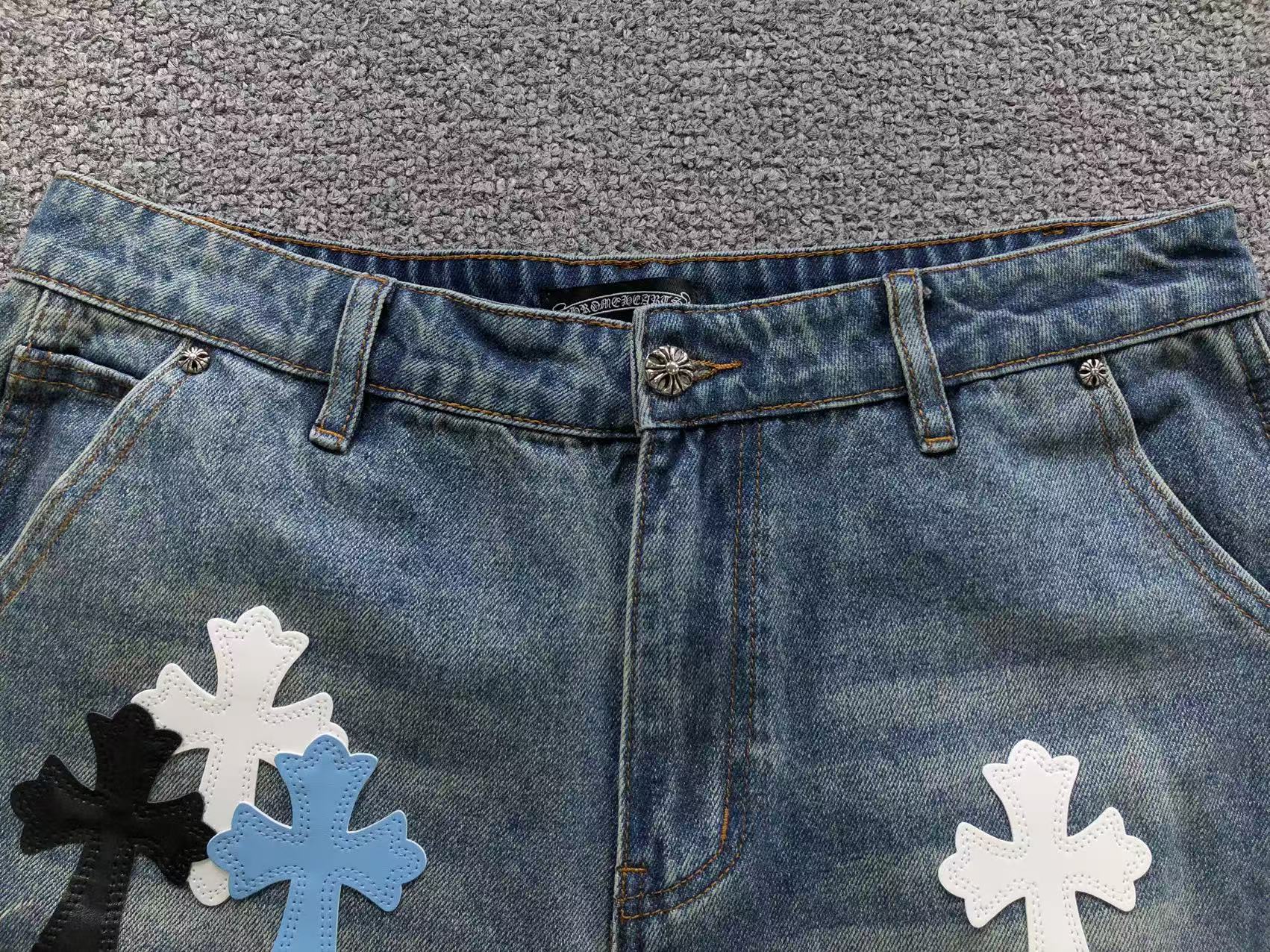 White Blue & Black Cross Patch Faded Denim Carpenter Jeans™