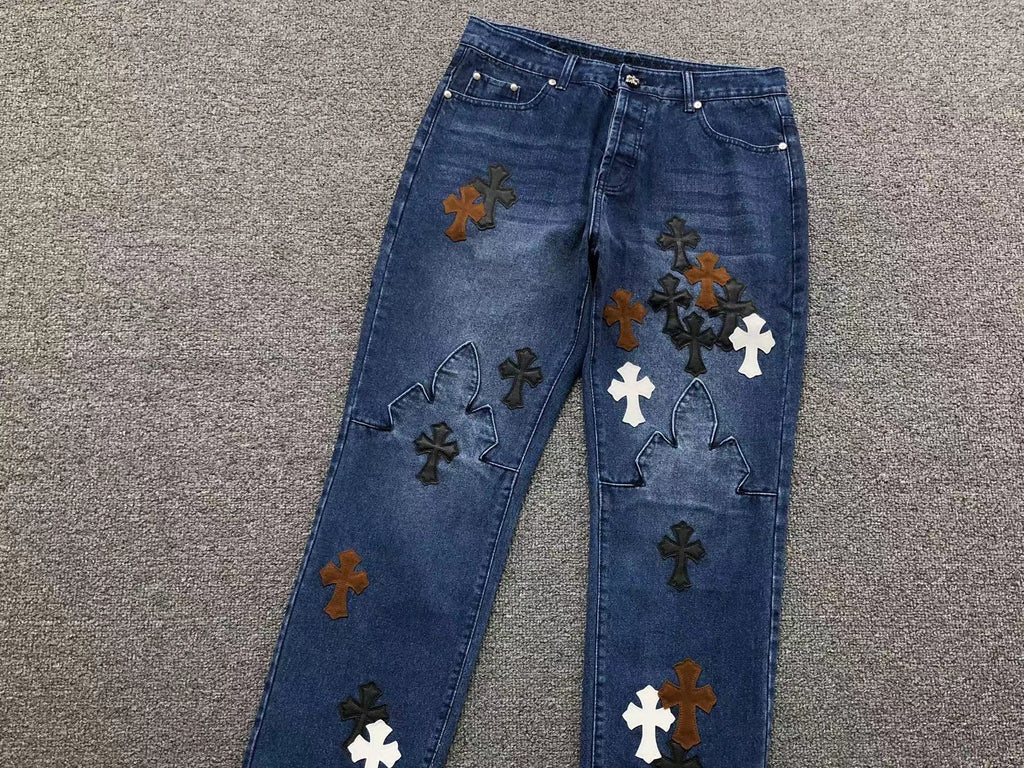 Brown Black & White Cross Patch Blue Denim Jeans™