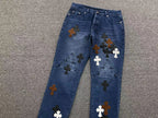 Brown Black & White Cross Patch Blue Denim Jeans™