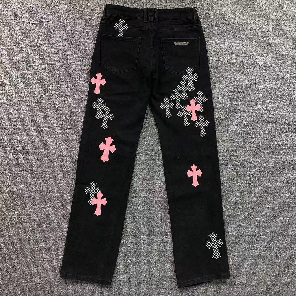 Pink & Checkered Cross Patch Black Denim Jeans™