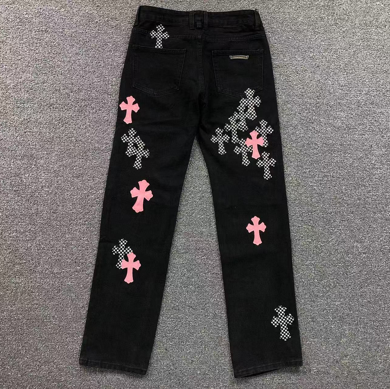 Pink & Checkered Cross Patch Black Denim Jeans™