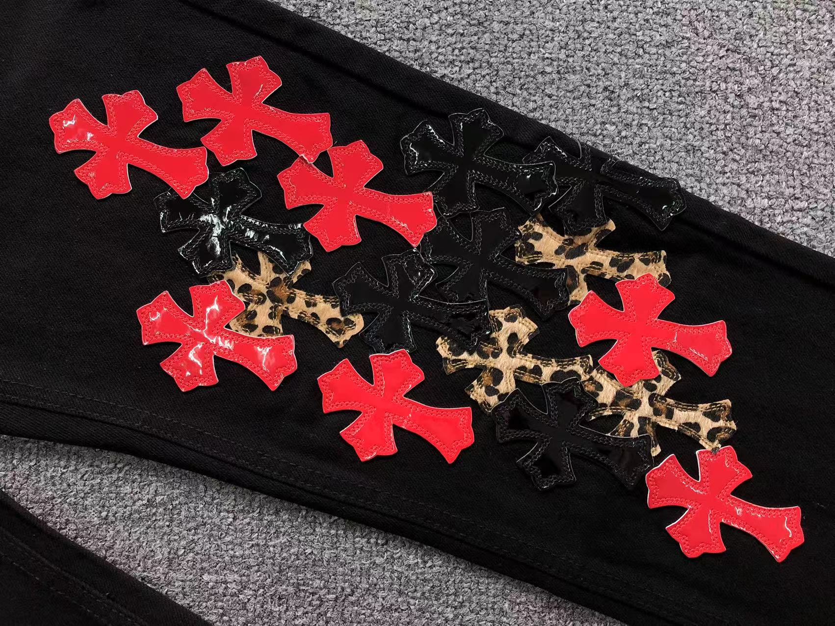 Black Red & Leopard Cross Patch Typography Logo Black Jeans™