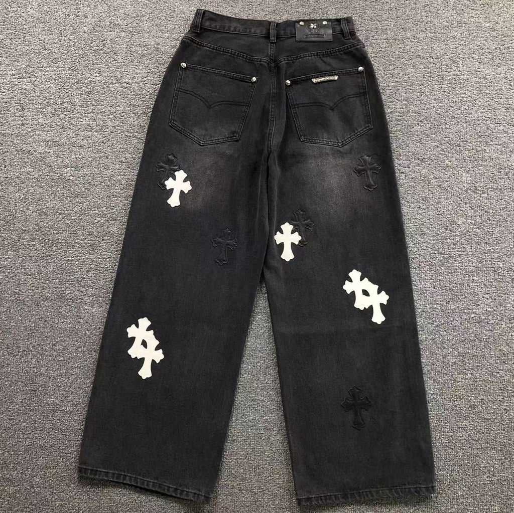 Black & White Cross Patch Baggy Black Jeans™