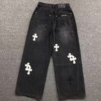 Black & White Cross Patch Baggy Black Jeans™