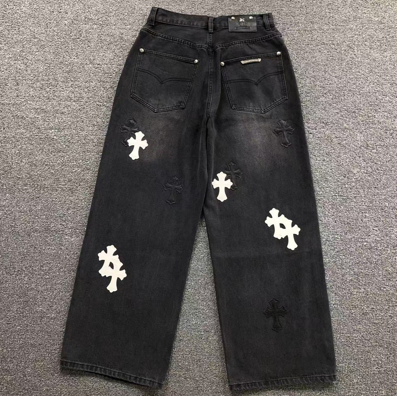 Black & White Cross Patch Baggy Black Jeans™