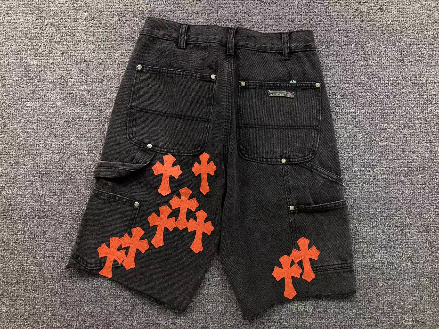 Orange Cross Patch Black Denim Jorts