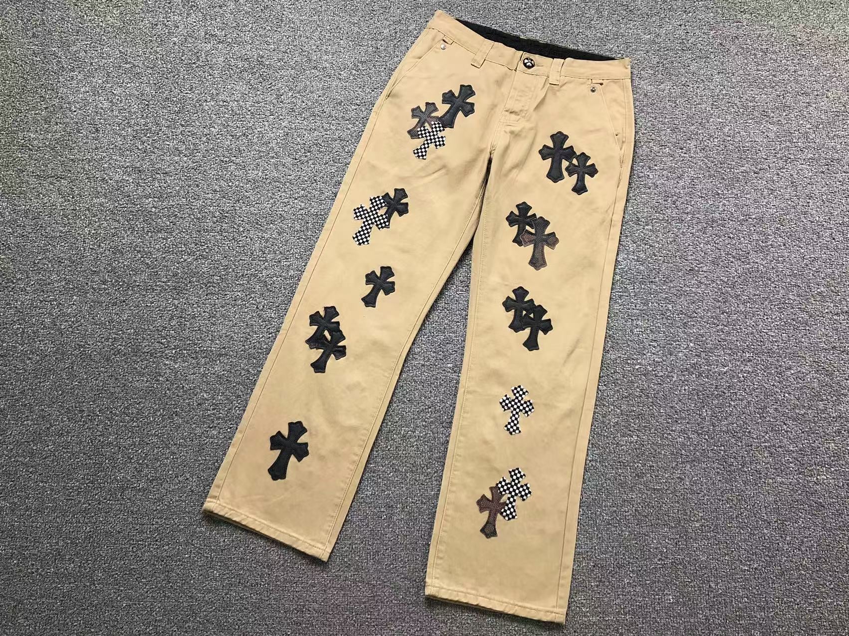Checkered & Black Cross Patch Beige Jeans™