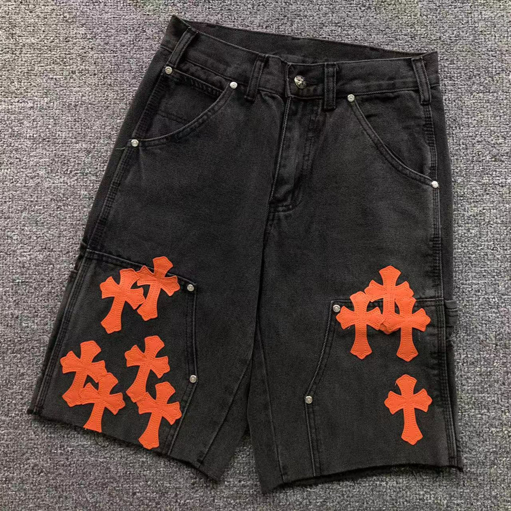 Orange Cross Patch Black Denim Jorts