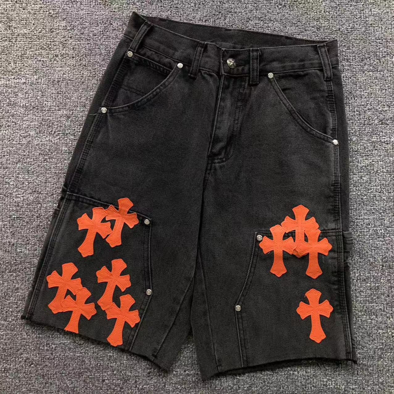 Orange Cross Patch Black Denim Jorts