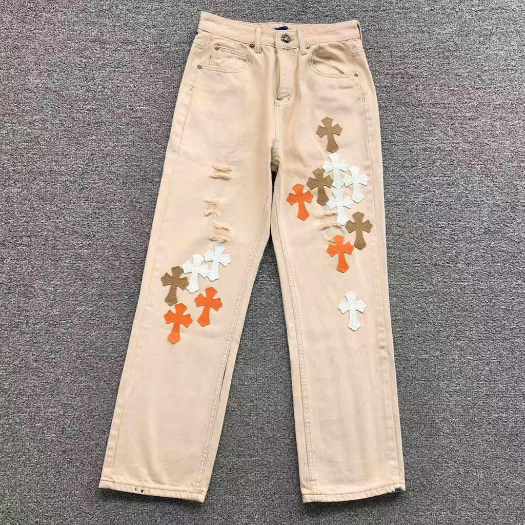 White Brown & Orange Cross Patch Cream Jeans™