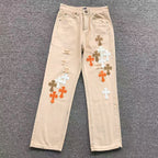 White Brown & Orange Cross Patch Cream Jeans™
