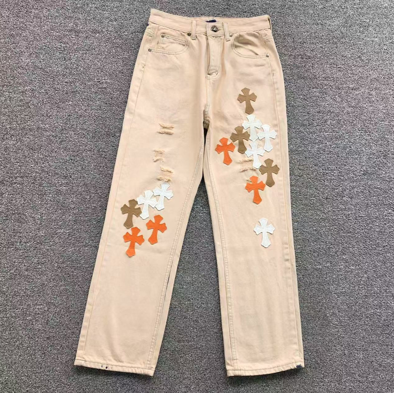 White Brown & Orange Cross Patch Cream Jeans™