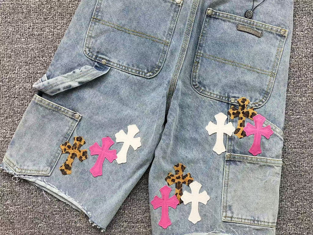 Pink White & Leopard Cross Patch Denim Jorts™