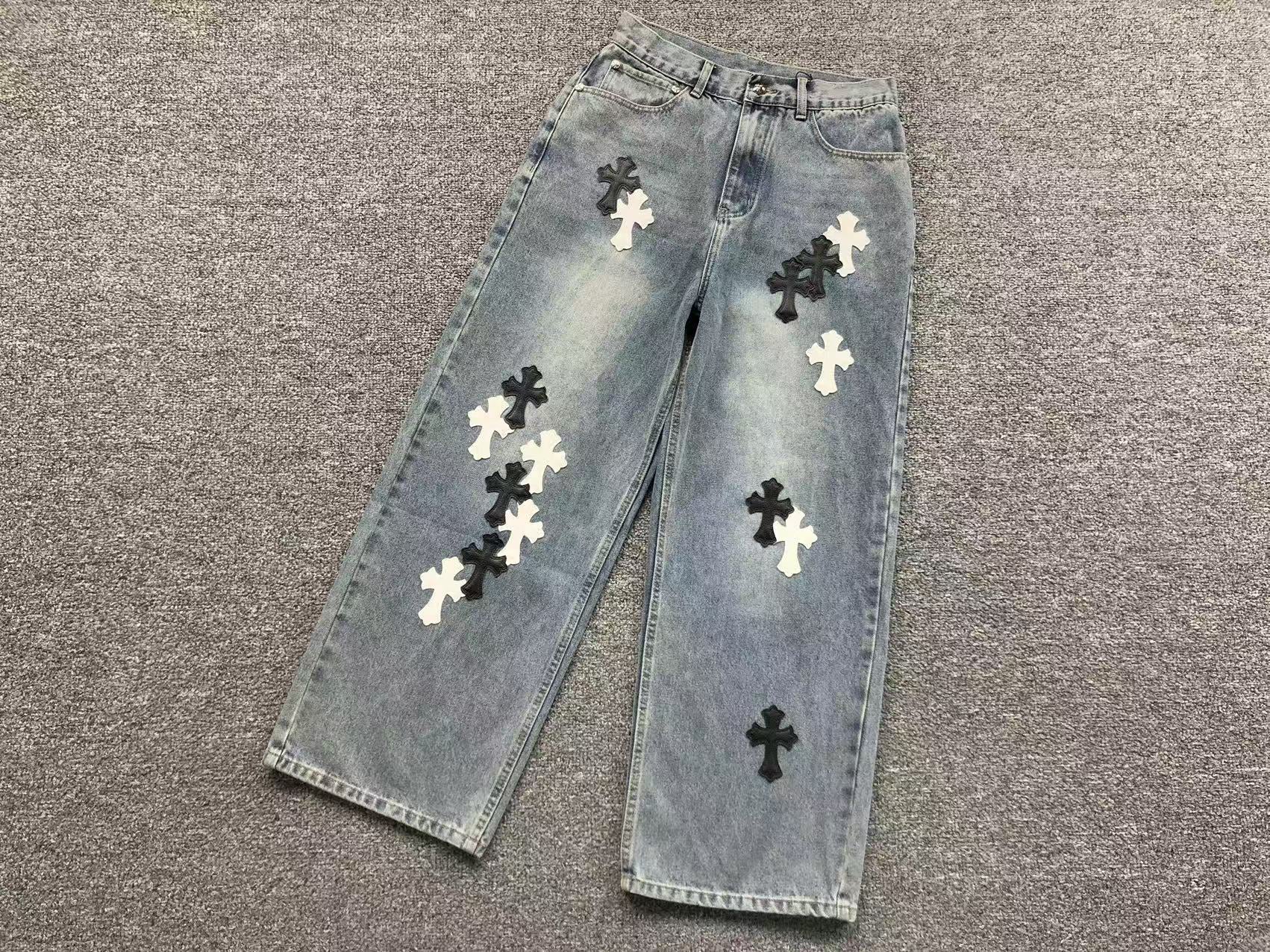 Black & White Cross Patch Light Denim Baggy Jeans™