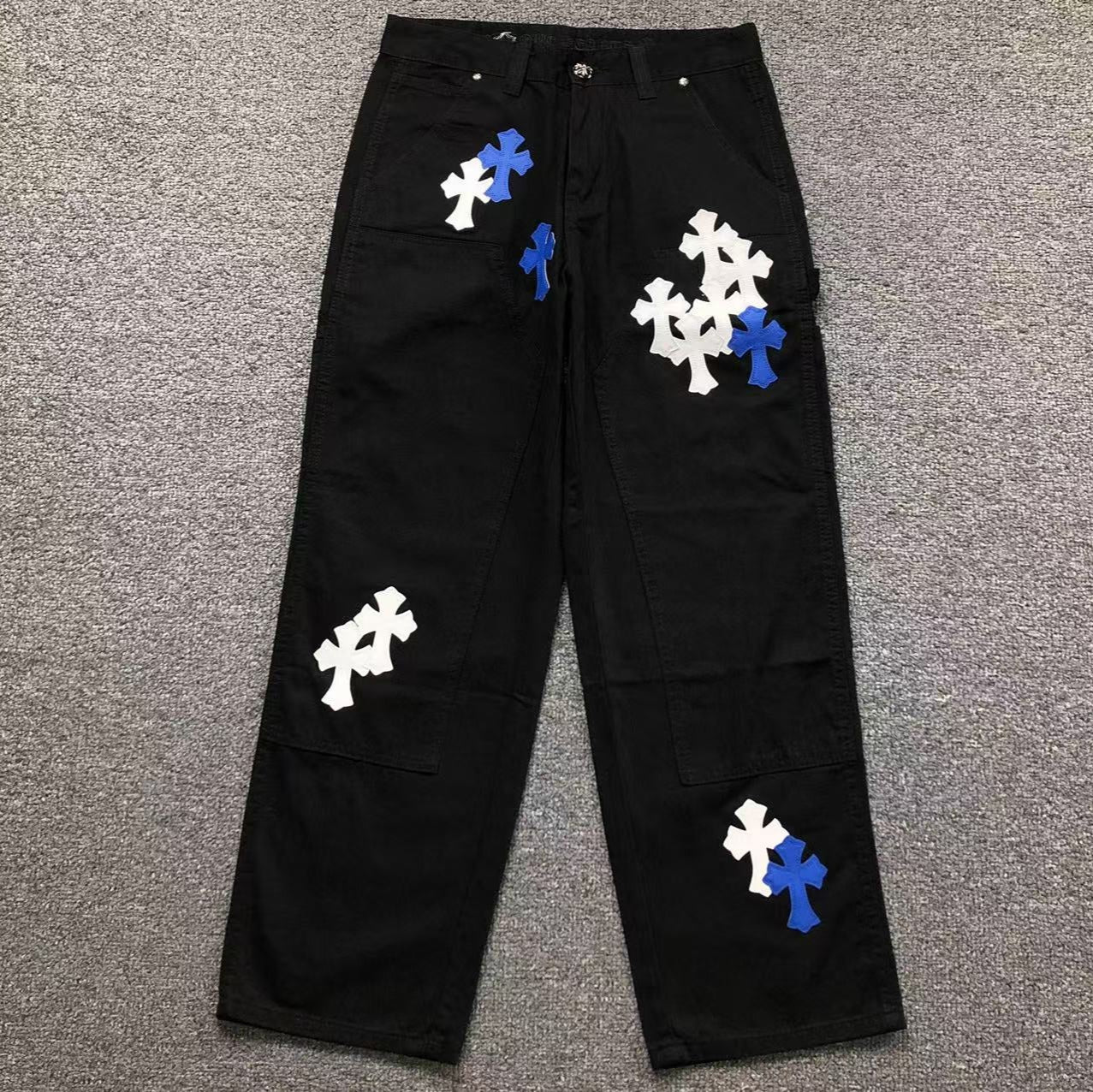 White & Blue Cross Patch Black Carpenter Pants™