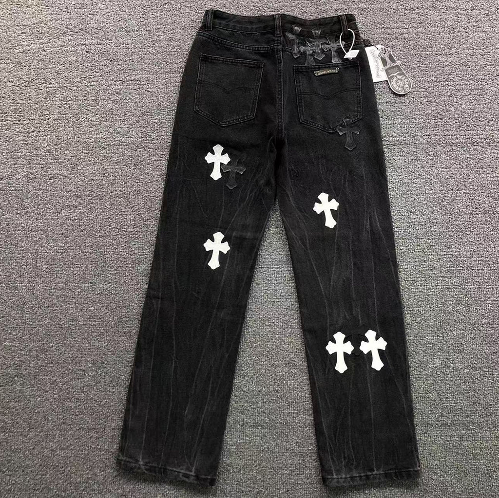White Cross Patch Black Denim Jeans™
