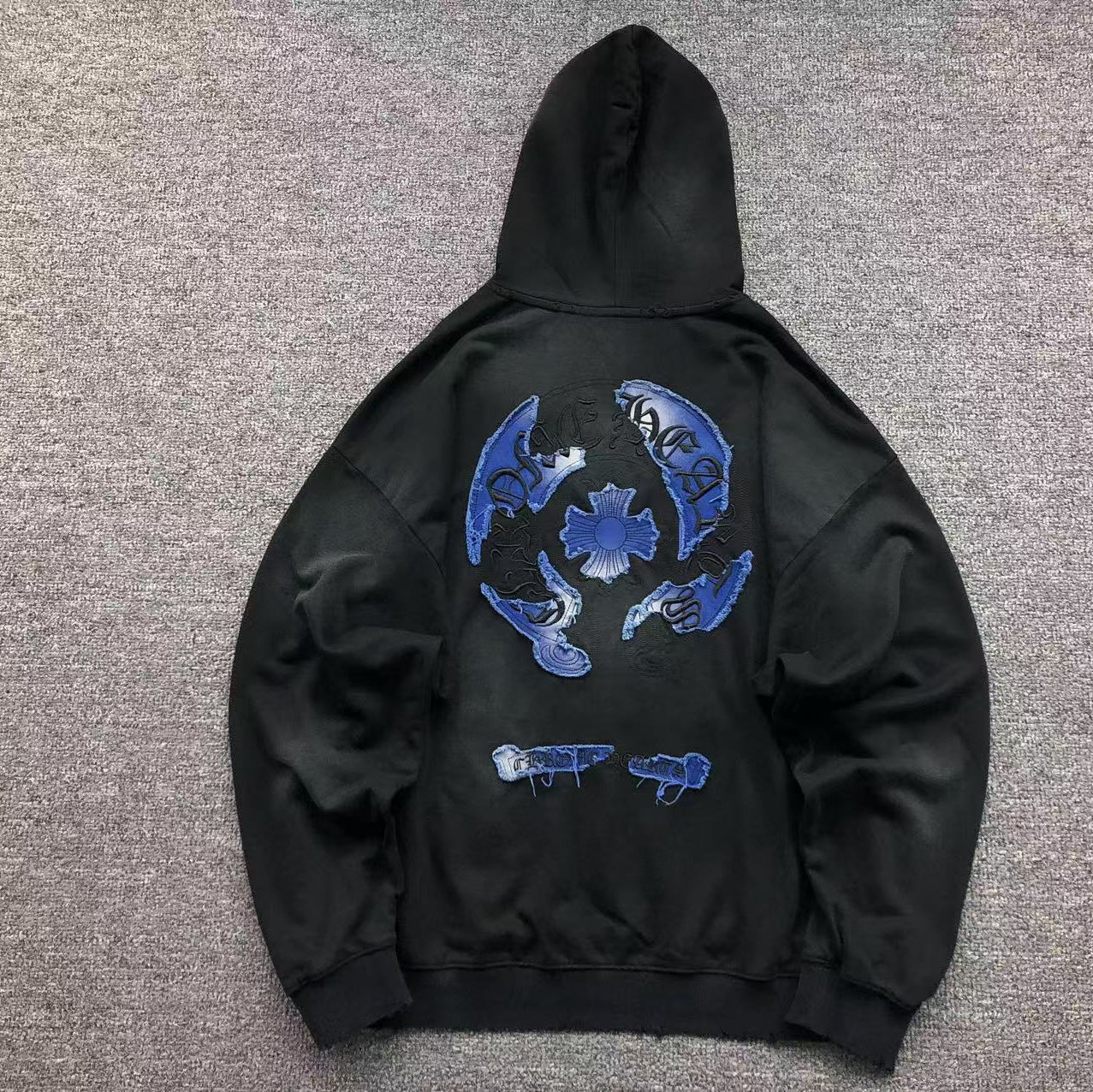 Washed Torn Embroidery Black Hoodie™