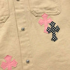Checkered & Pink Cross Beige Denim Jacket