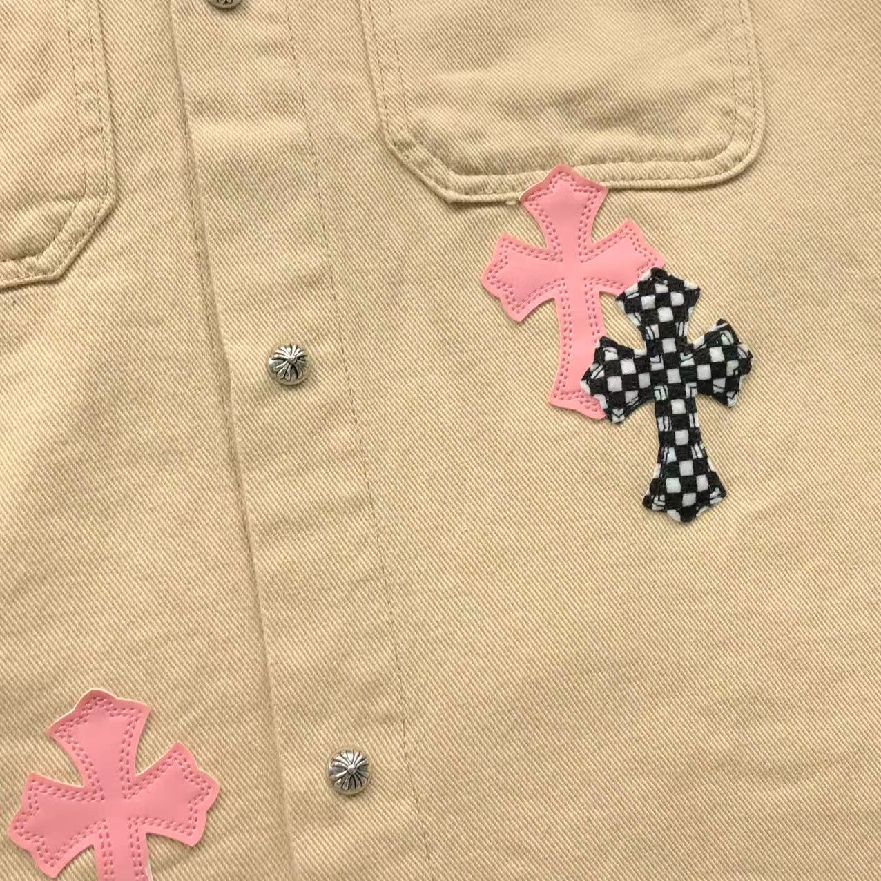 Checkered & Pink Cross Beige Denim Jacket