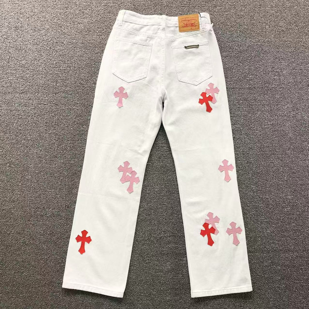Red & Pink Cross Patch White Denim Jeans™