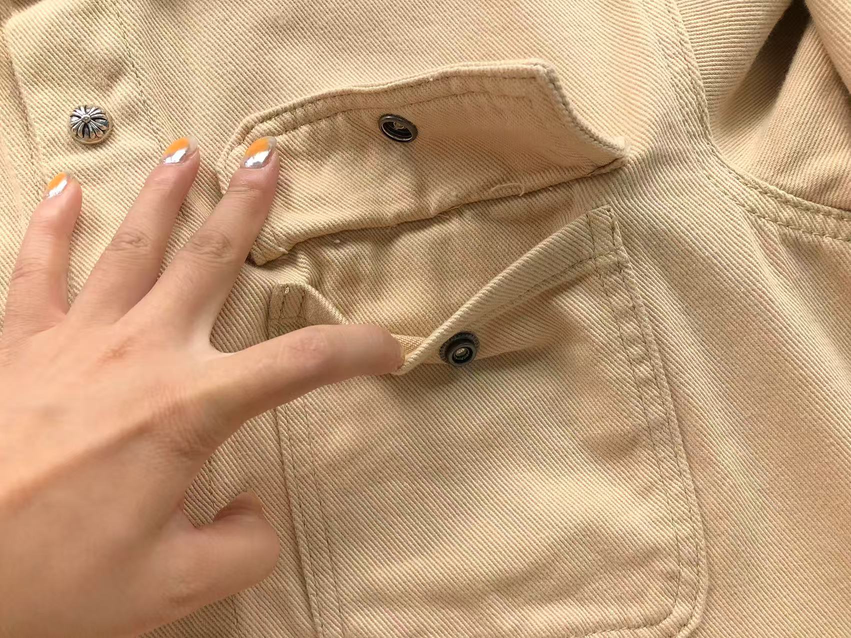 Checkered & Pink Cross Beige Denim Jacket