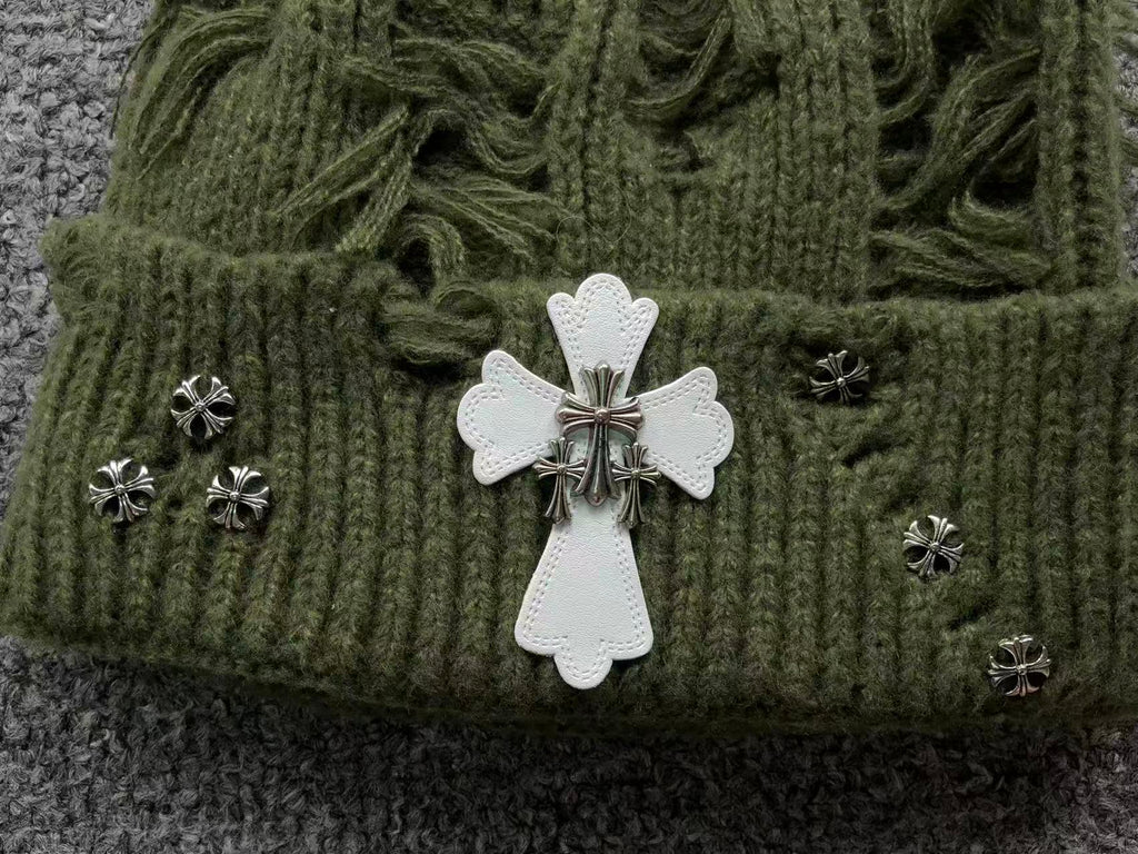 Leather & Metallic Cross Torn Knit Beanie™