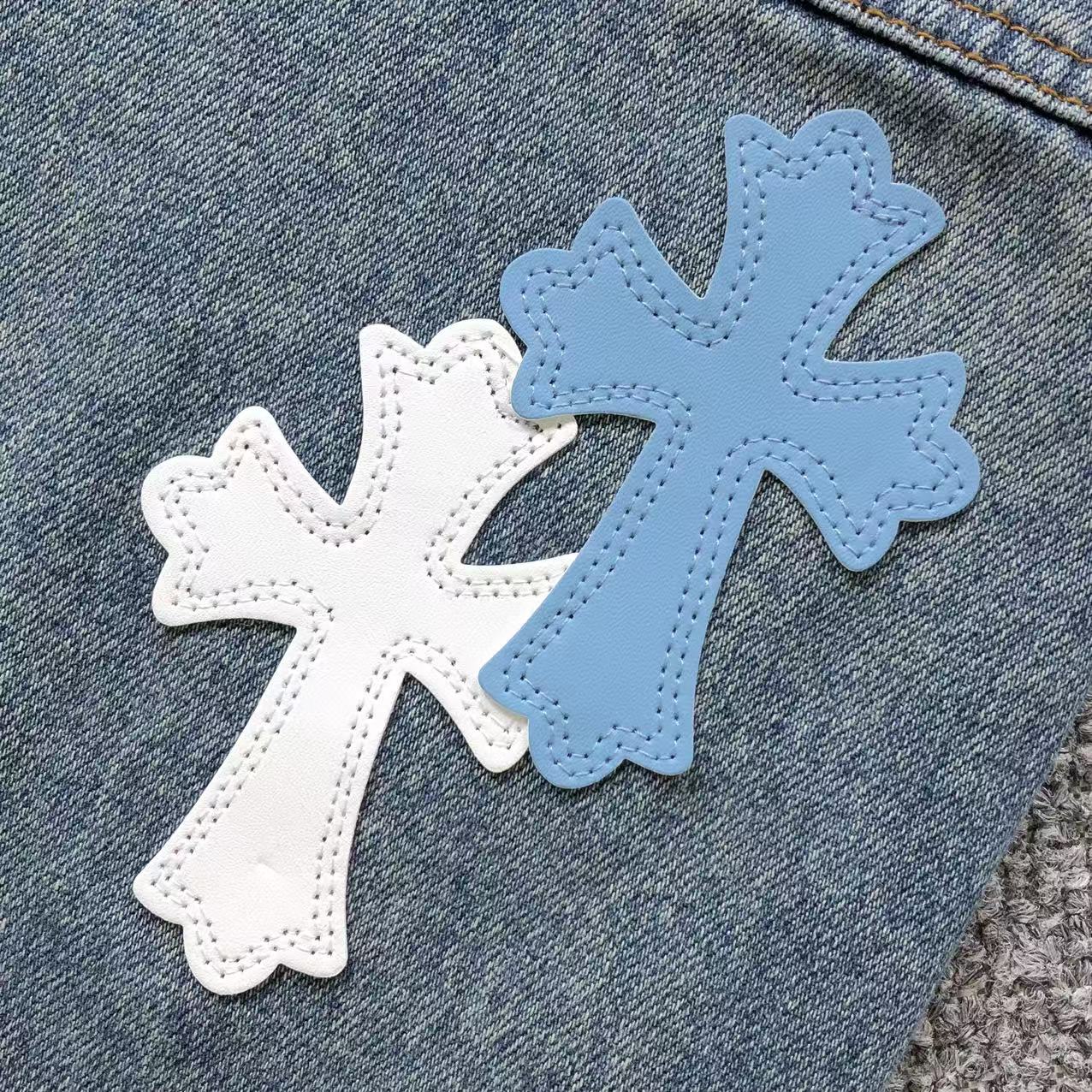 White Blue & Black Cross Patch Faded Denim Carpenter Jeans™