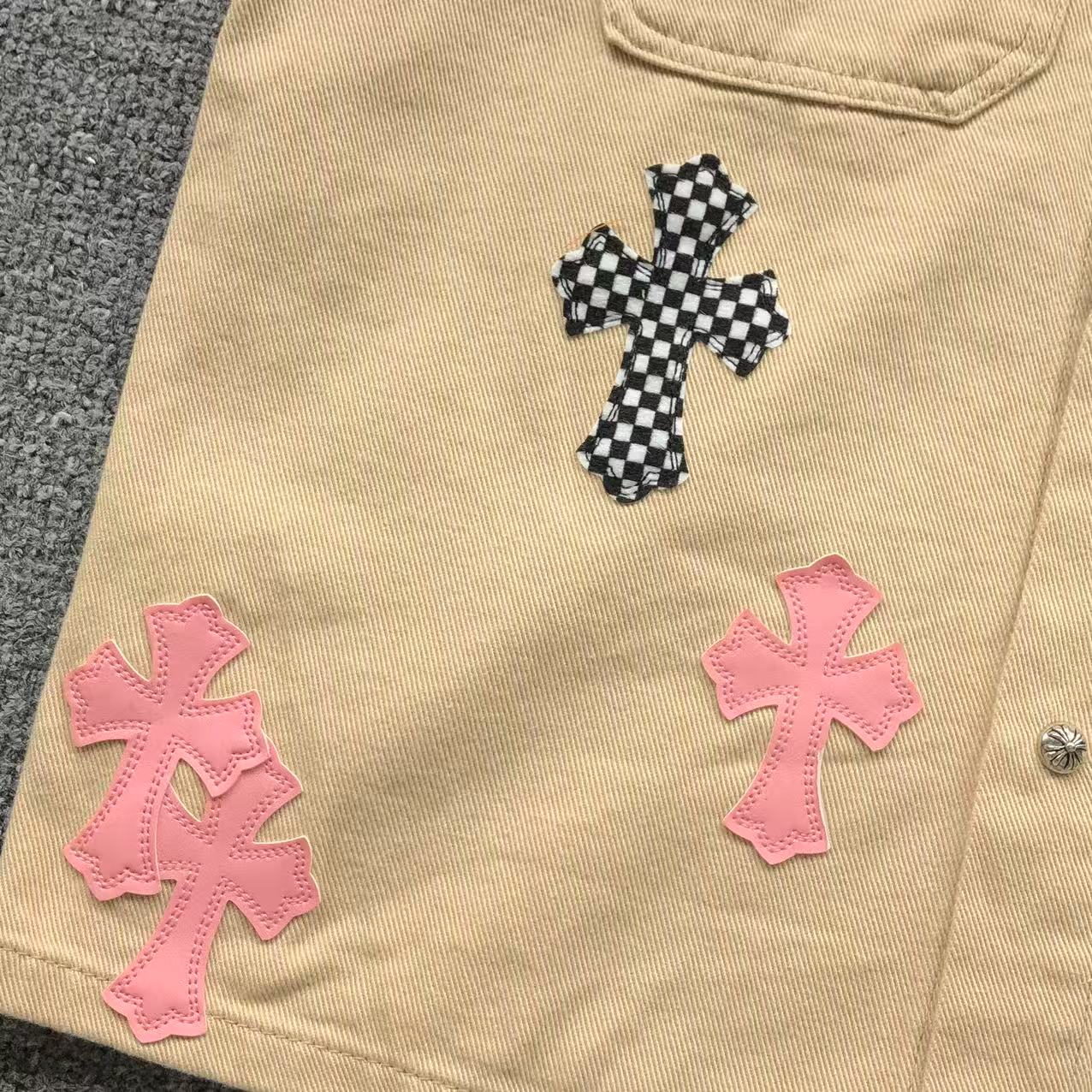 Checkered & Pink Cross Beige Denim Jacket