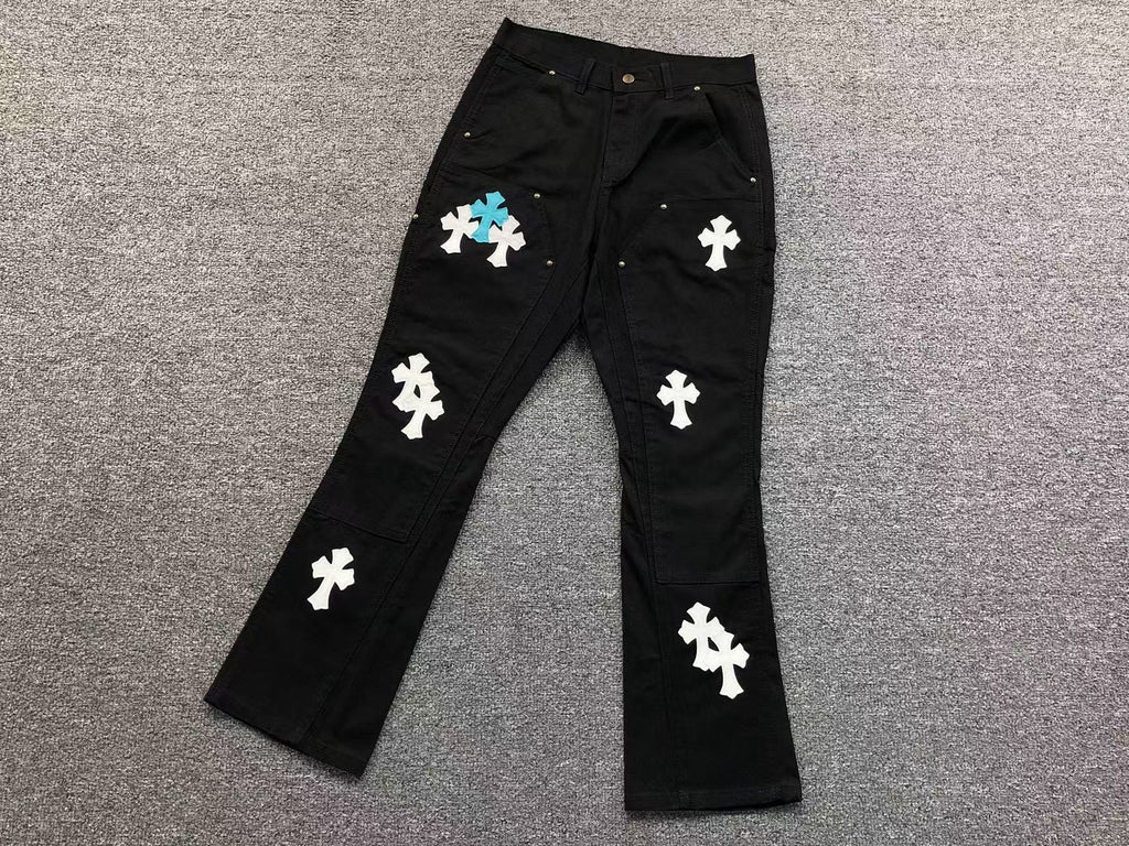 Blue & White Cross Patch Black Zipper Jeans™