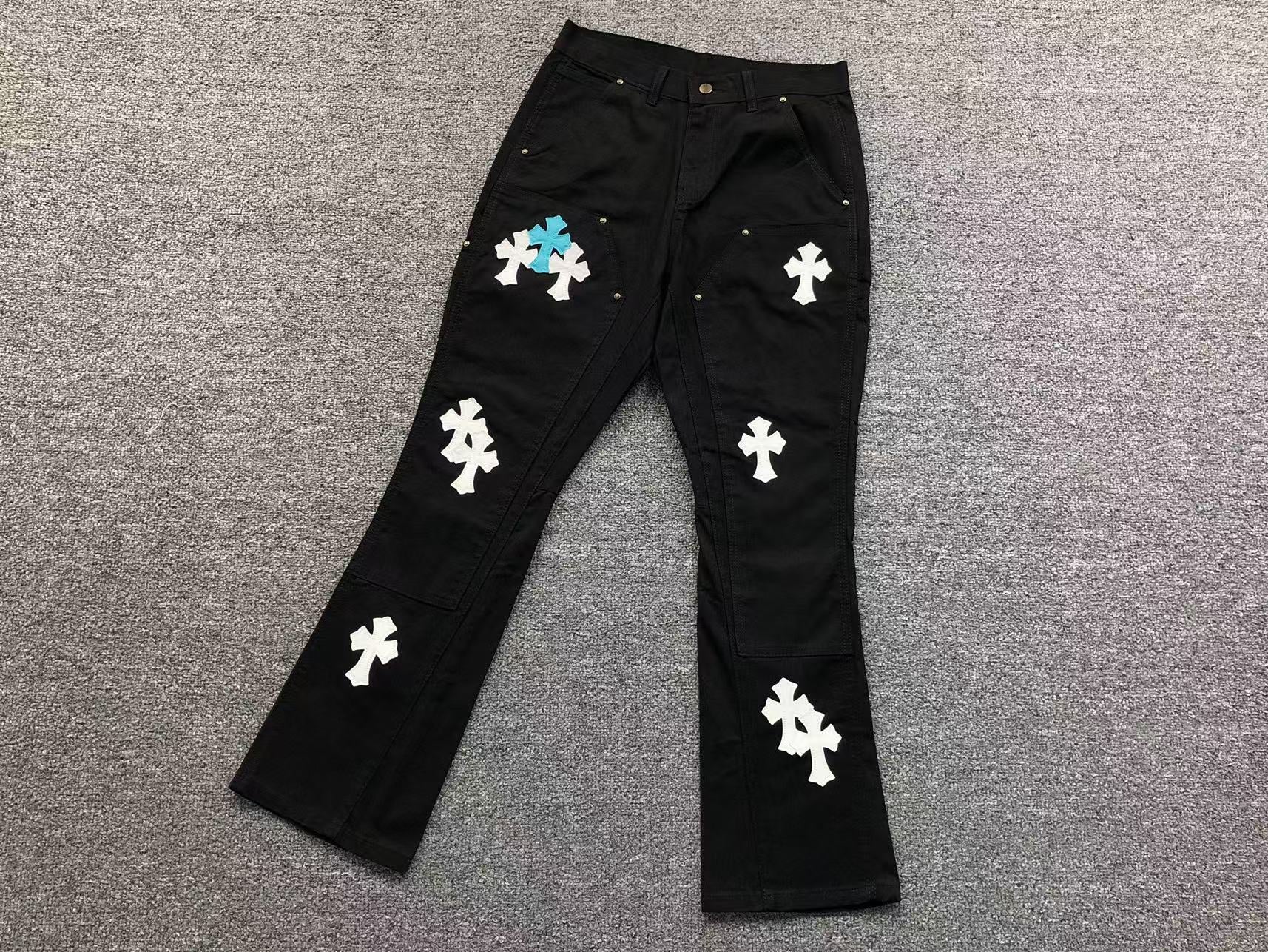 Blue & White Cross Patch Black Zipper Jeans™