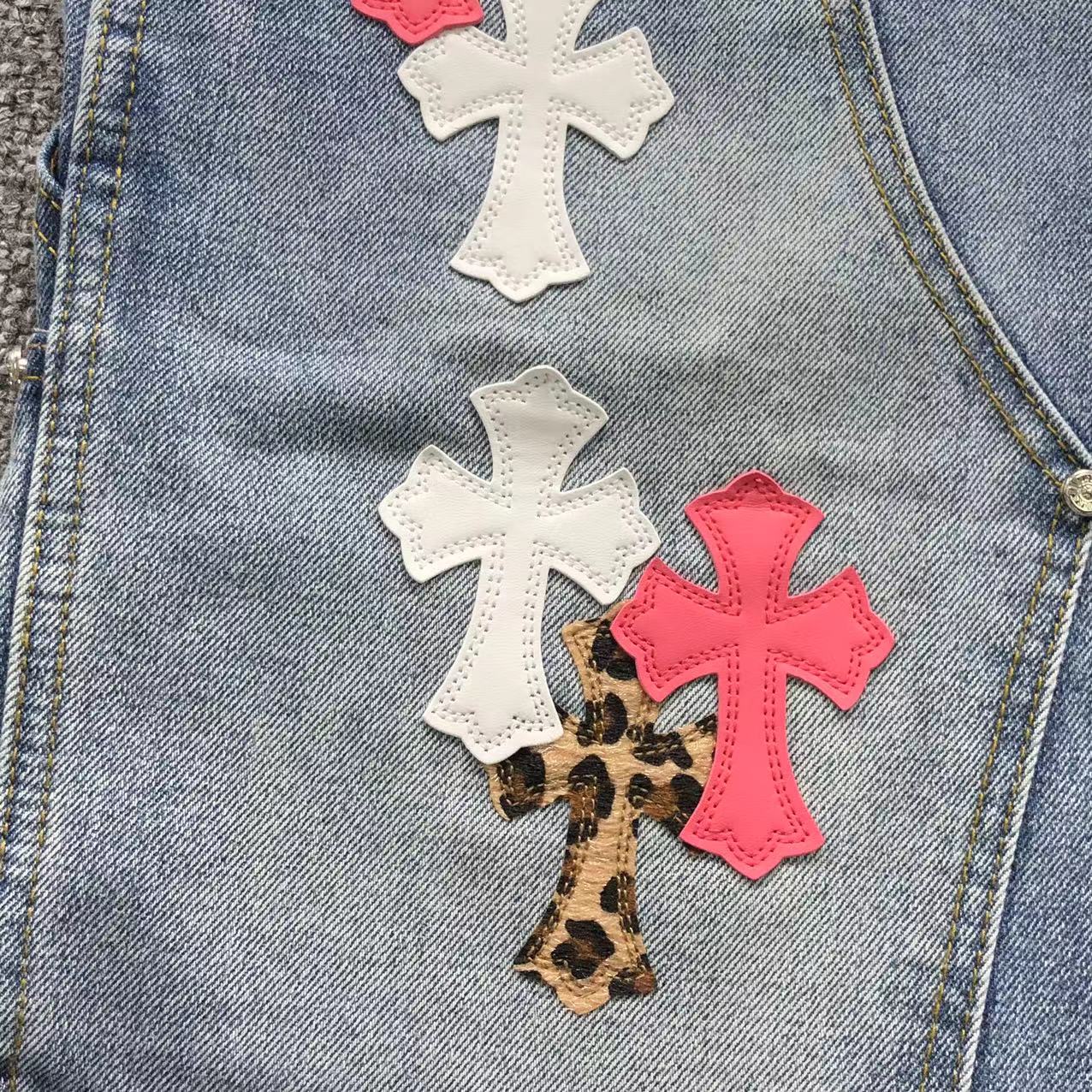Pink White & Leopard Cross Patch Denim Jeans™