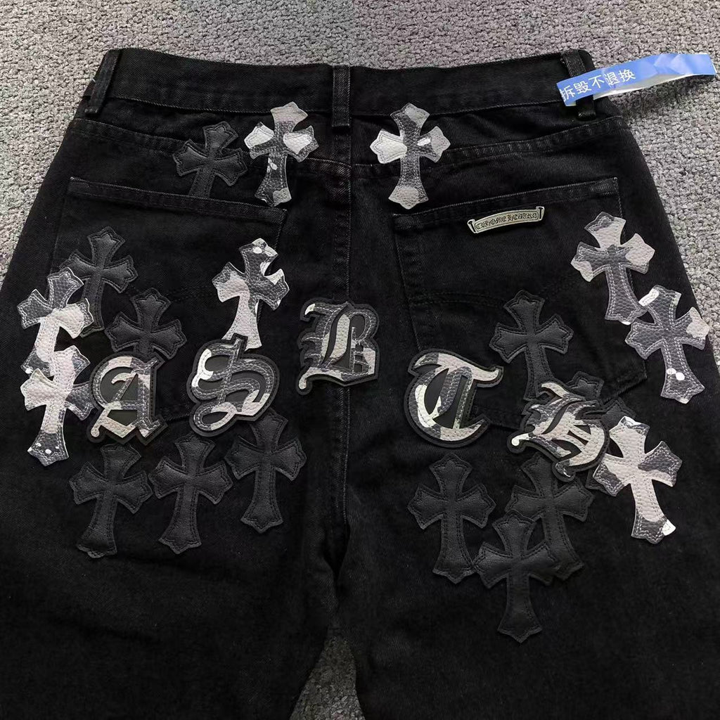 Black White Grey Cross Patch Black Denim Jeans™