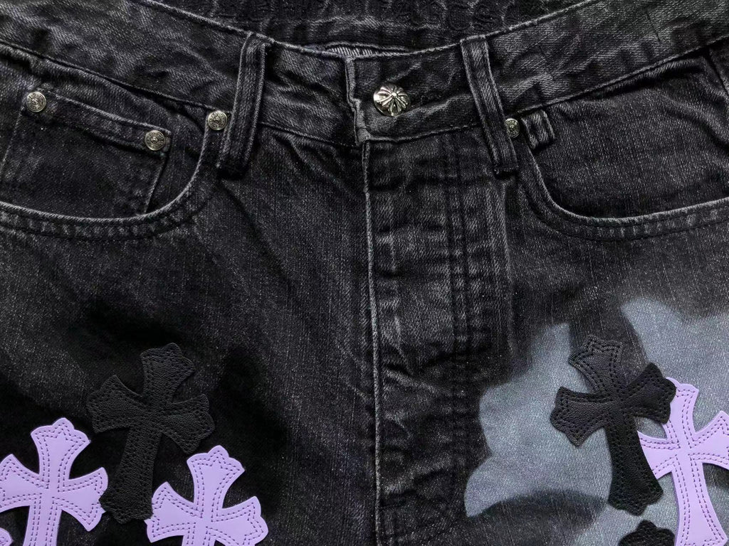Purple & Black Cross Patch Mixed Graphic Black Denim Jeans™