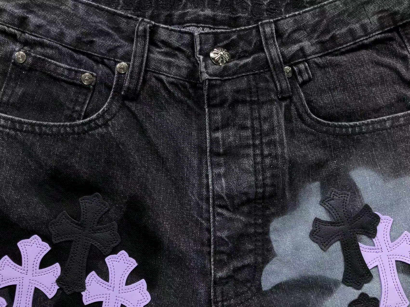 Purple & Black Cross Patch Mixed Graphic Black Denim Jeans™