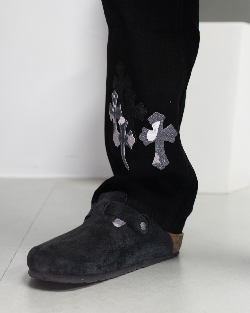 White & Black Camo Cross Patch Faded Black Jeans™