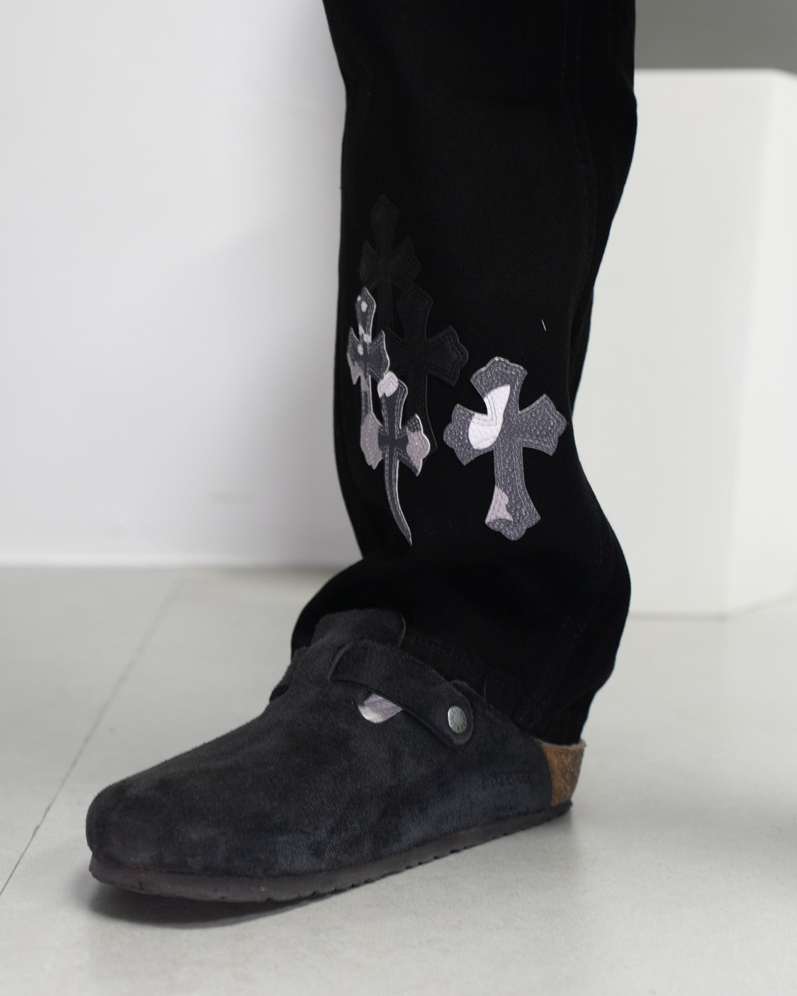 White & Black Camo Cross Patch Faded Black Jeans™
