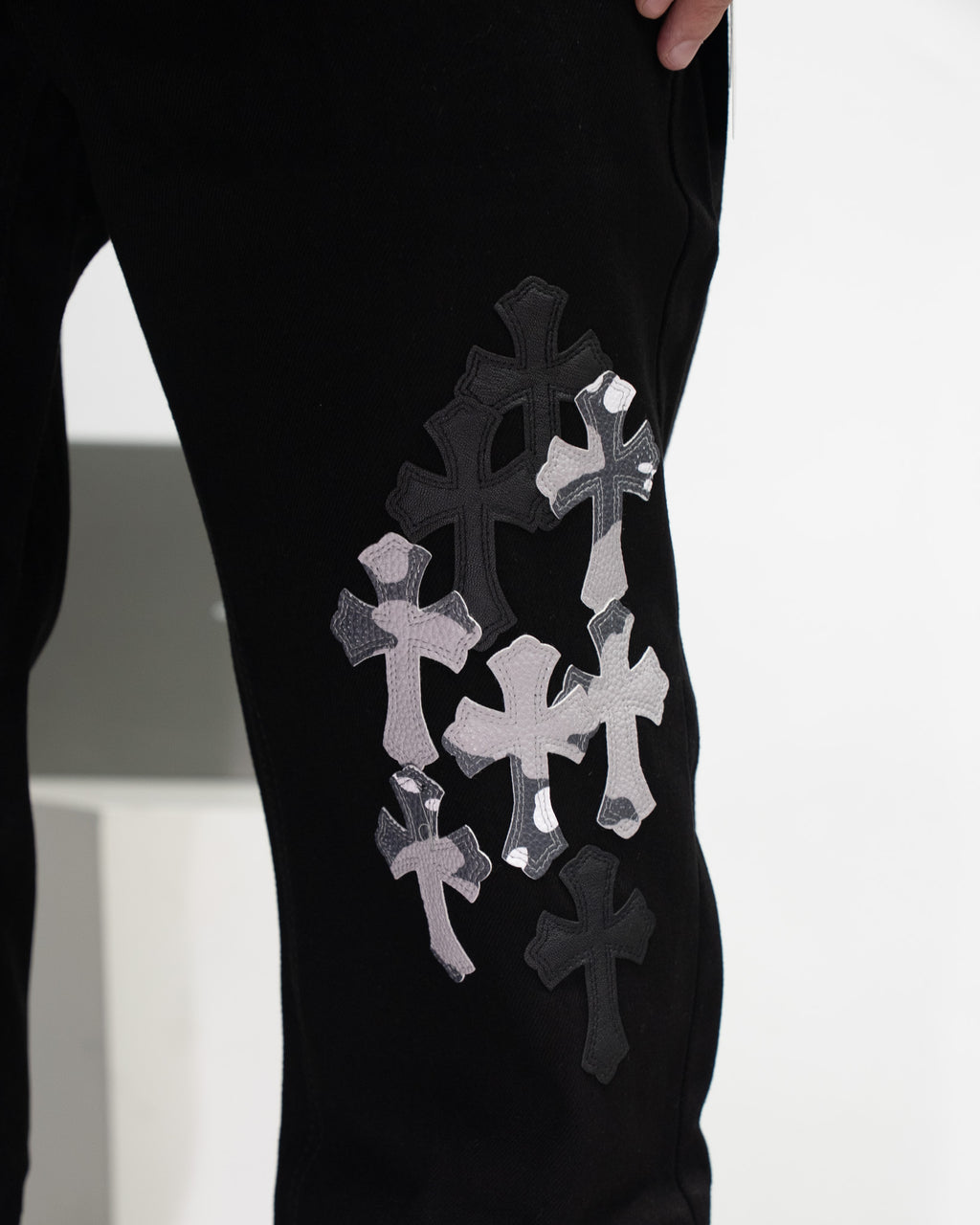 White & Black Camo Cross Patch Faded Black Jeans™