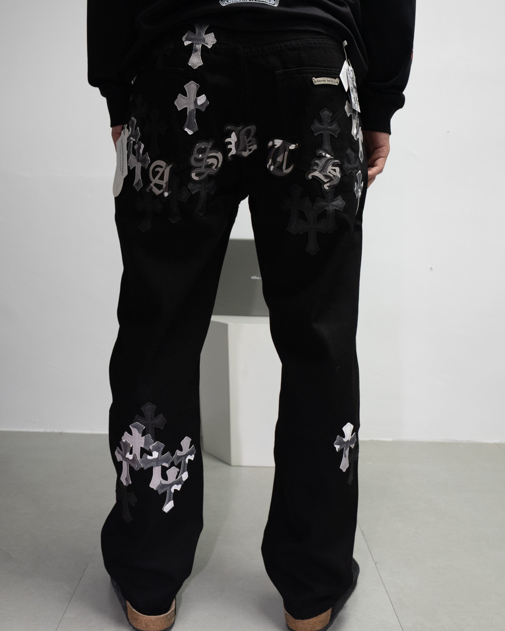 White & Black Camo Cross Patch Faded Black Jeans™