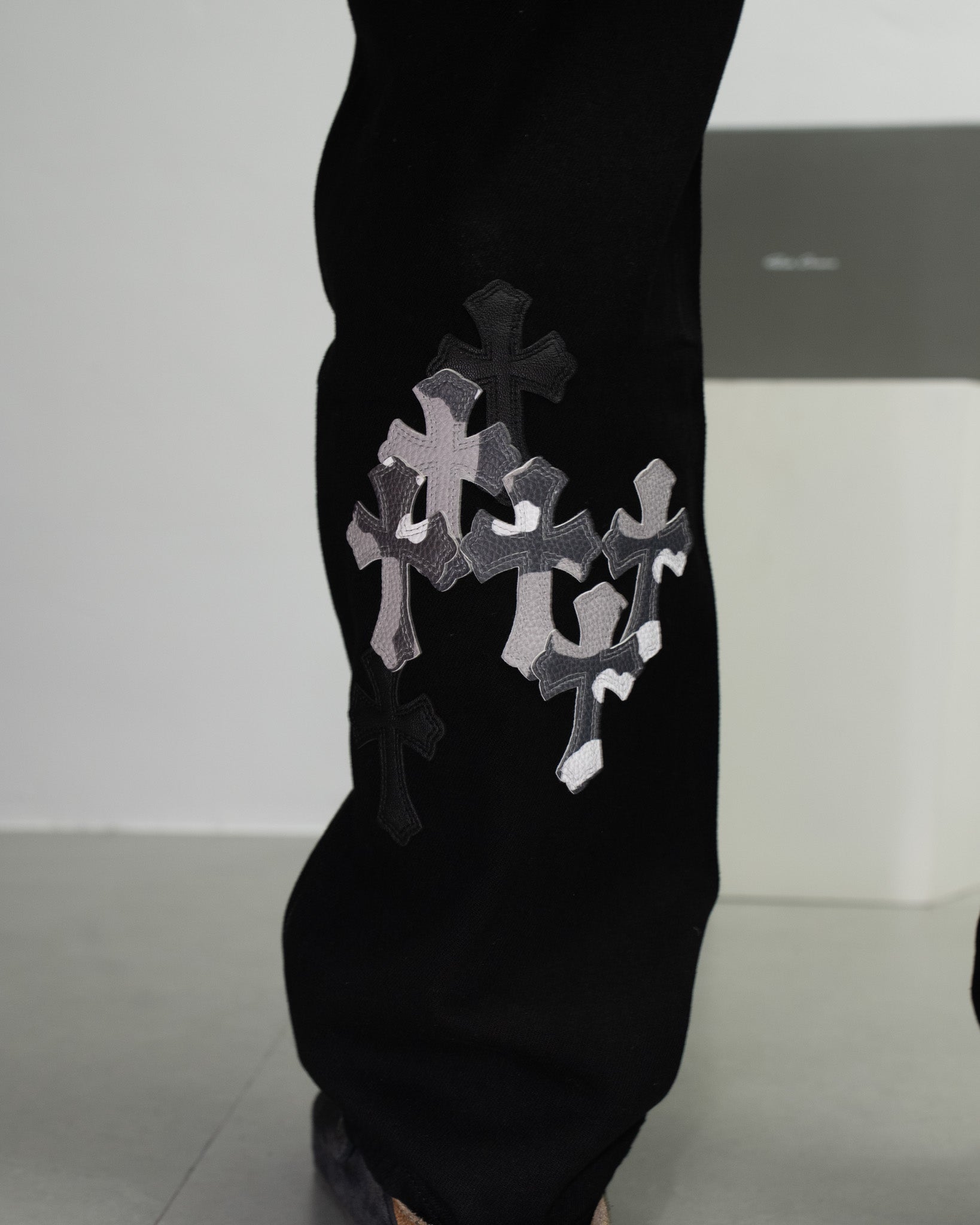 White & Black Camo Cross Patch Faded Black Jeans™
