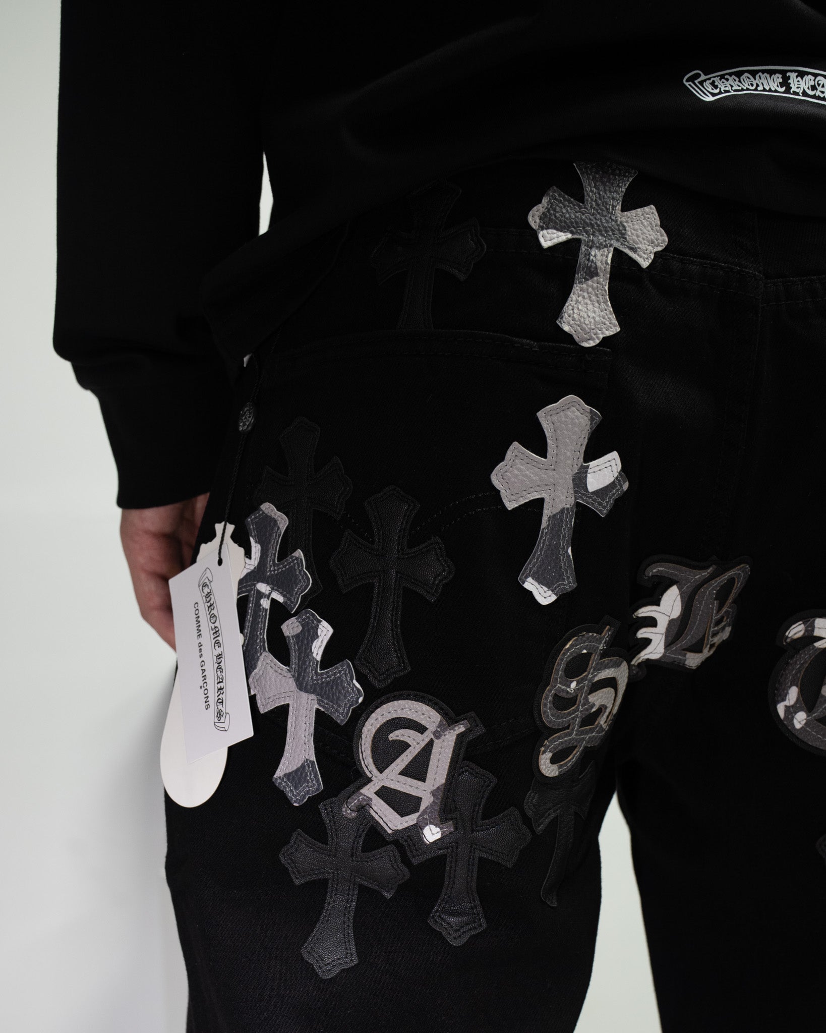 White & Black Camo Cross Patch Faded Black Jeans™