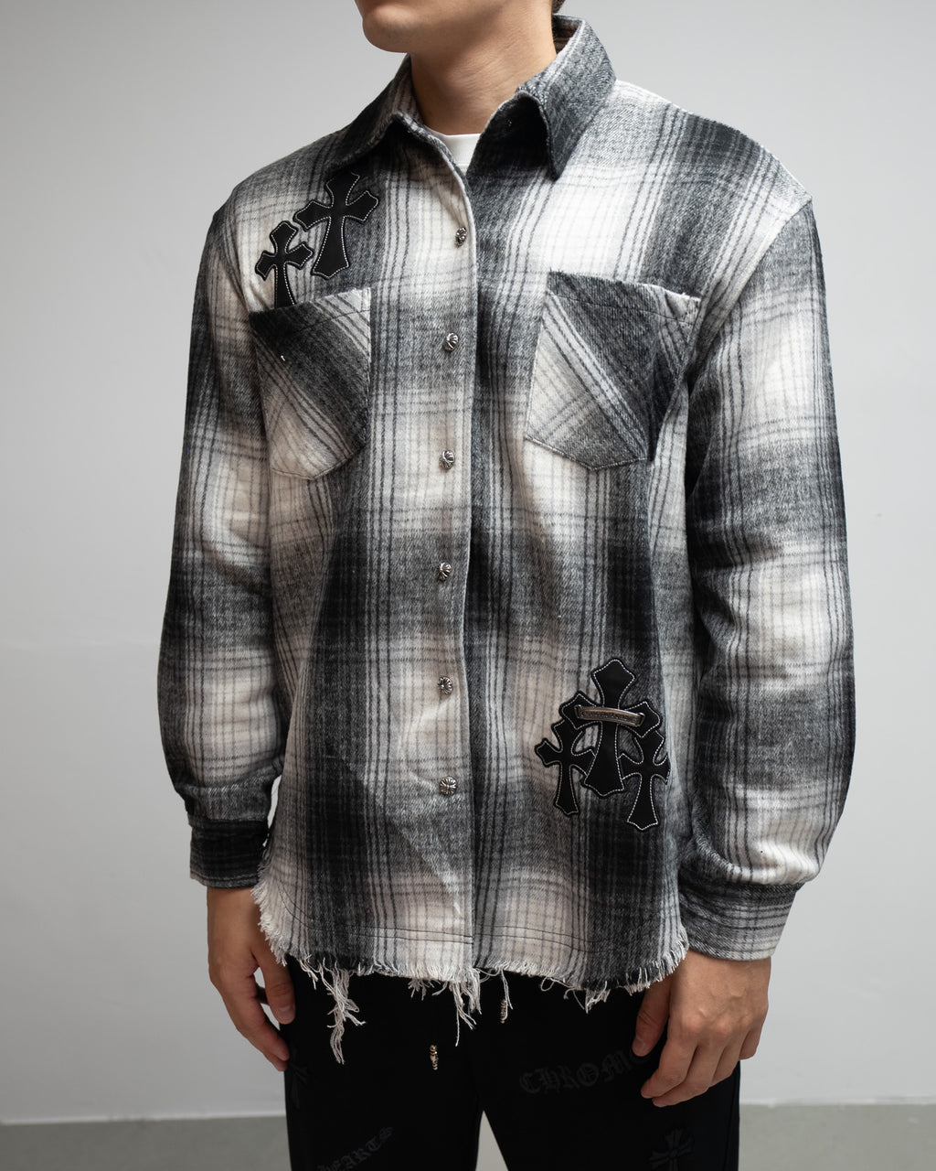 Black Leather Crosses & Fleur De Lis Checkered Grey Flannel™