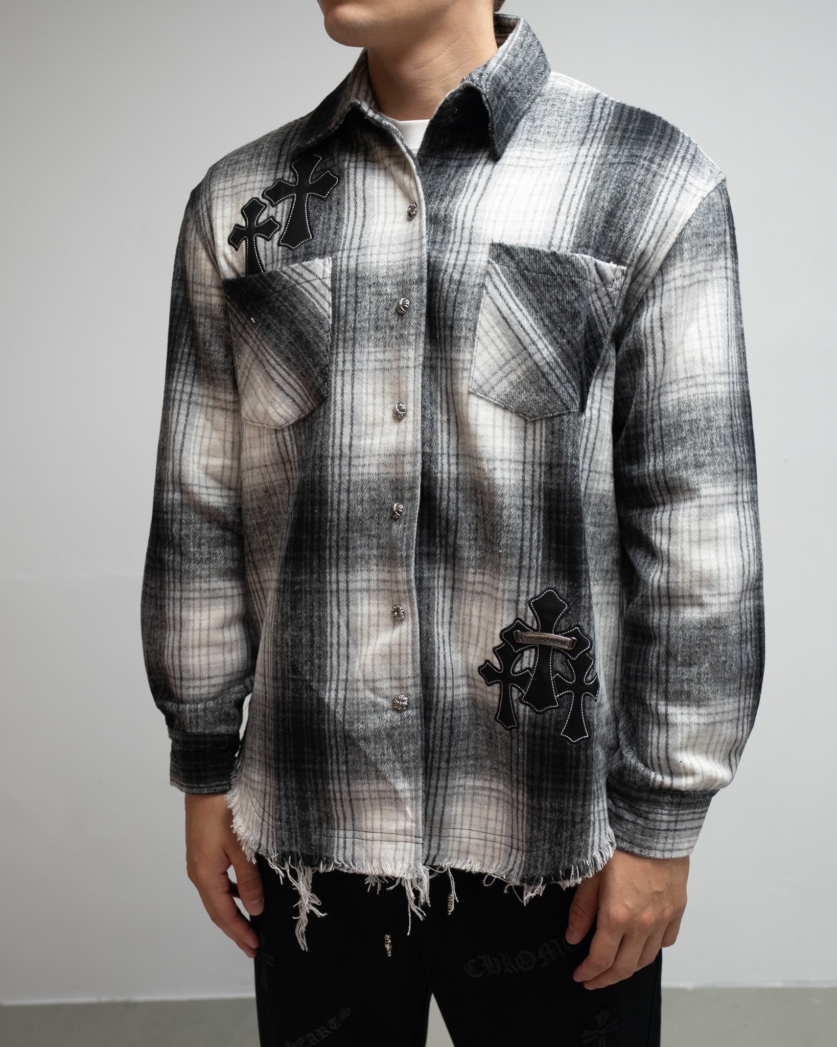 Black Leather Crosses & Fleur De Lis Checkered Grey Flannel™