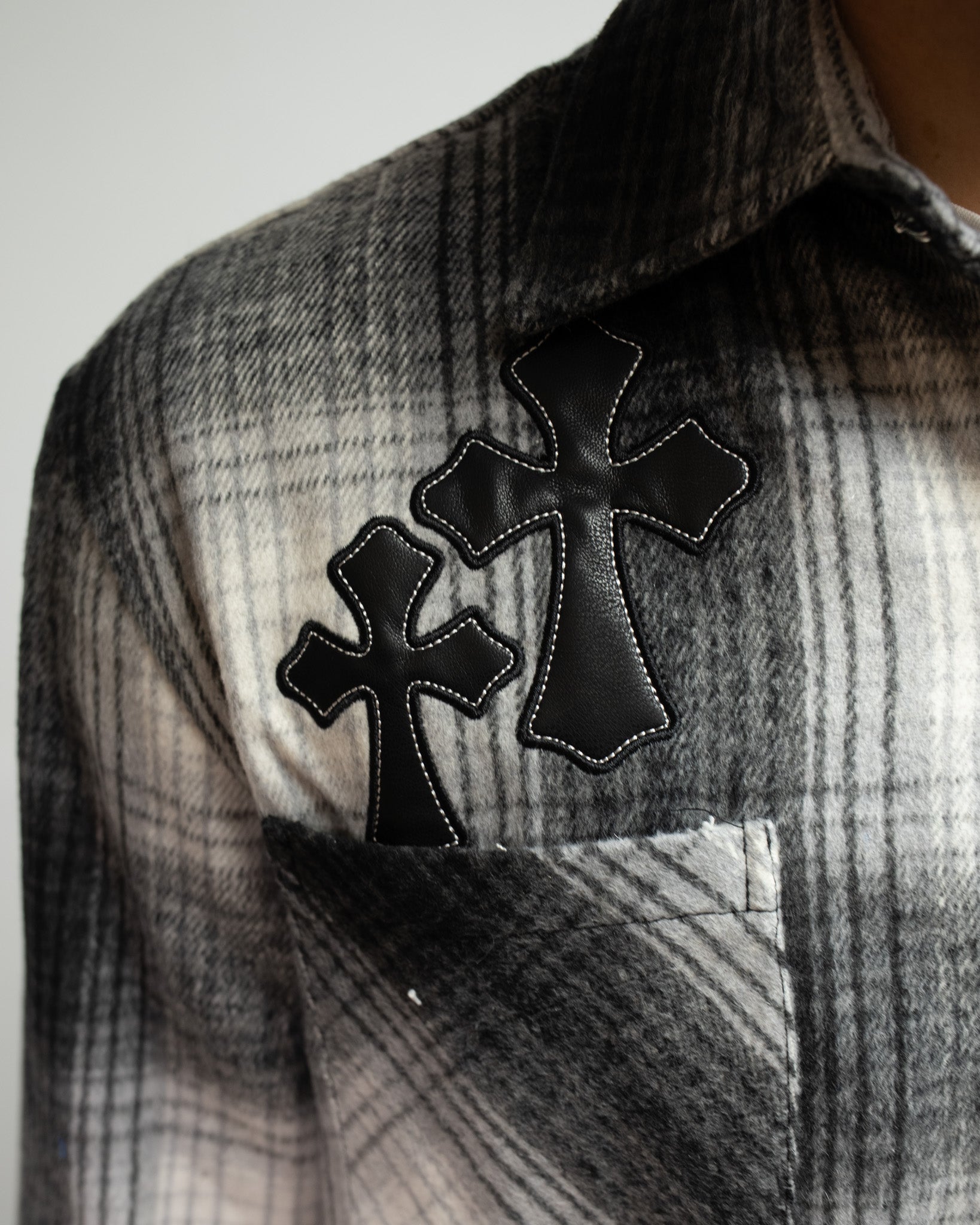 Black Leather Crosses & Fleur De Lis Checkered Grey Flannel™