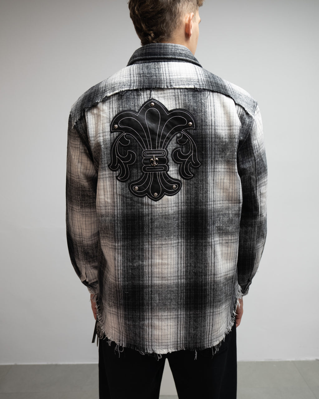 Black Leather Crosses & Fleur De Lis Checkered Grey Flannel™