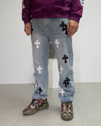 White & Black Cross Patch Light Denim Jeans™